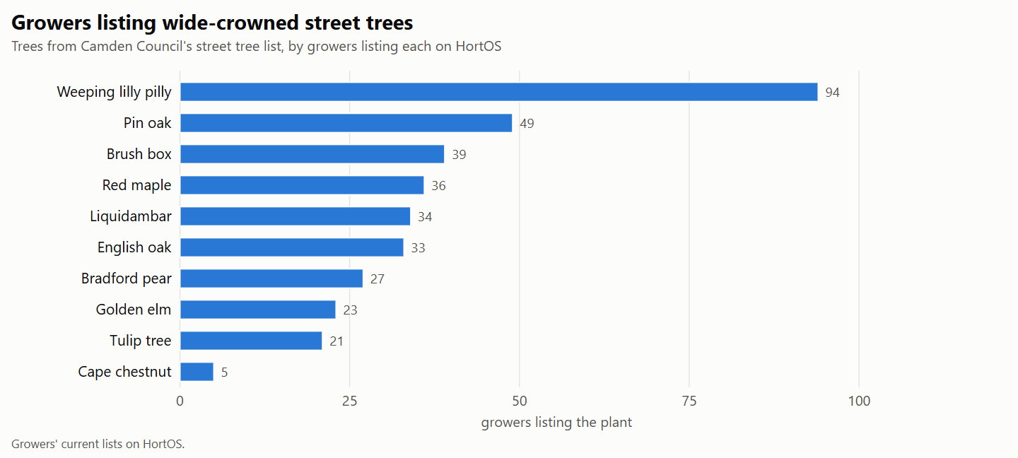 Bar chart of wide-crowned trees from Camden Council's street tree list, ranked by the number of growers listing each on HortOS.