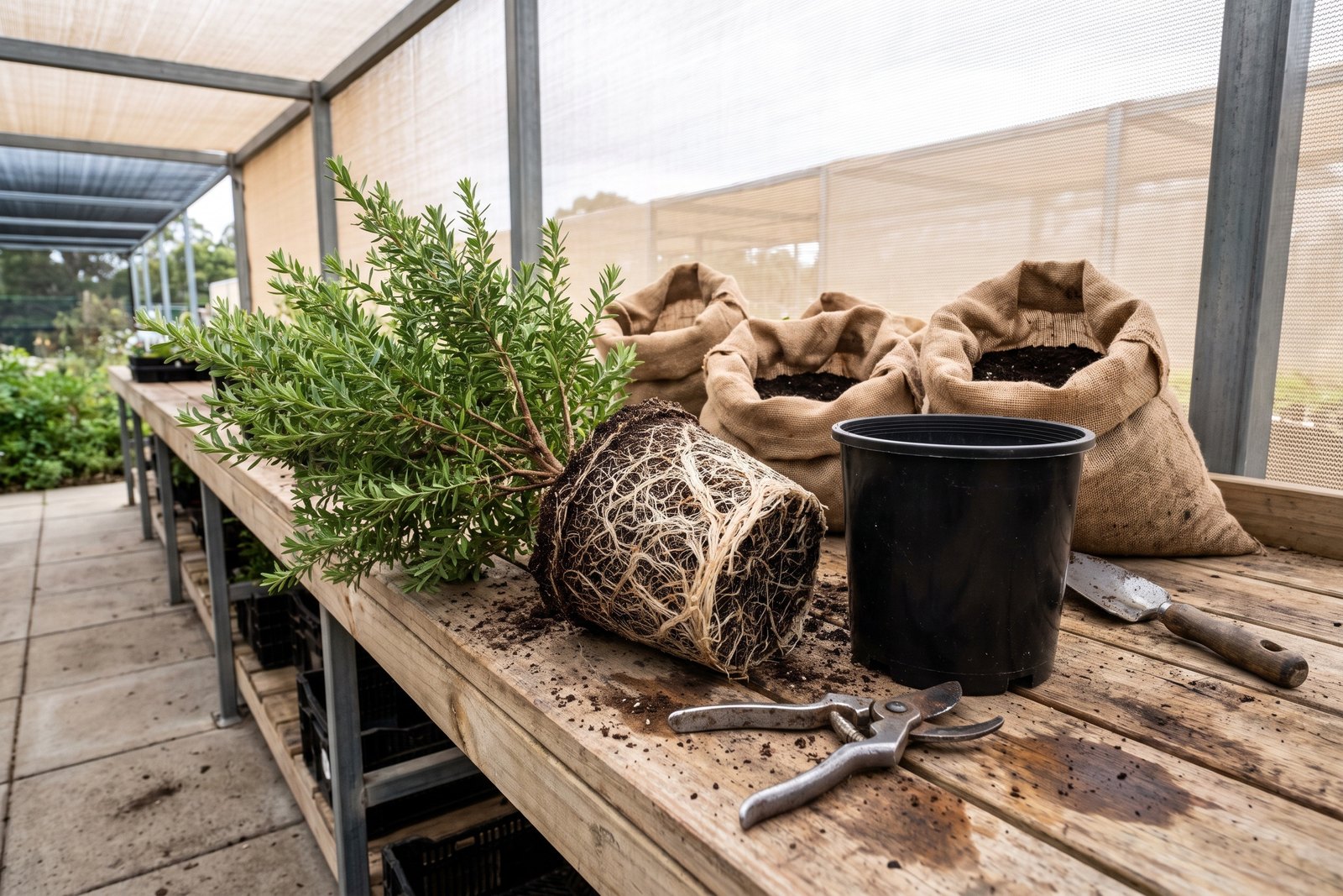 A young shrub lifted from its pot on a nursery potting bench to show a dense white fibrous root ball, with the empty pot, secateurs and a trowel beside it.